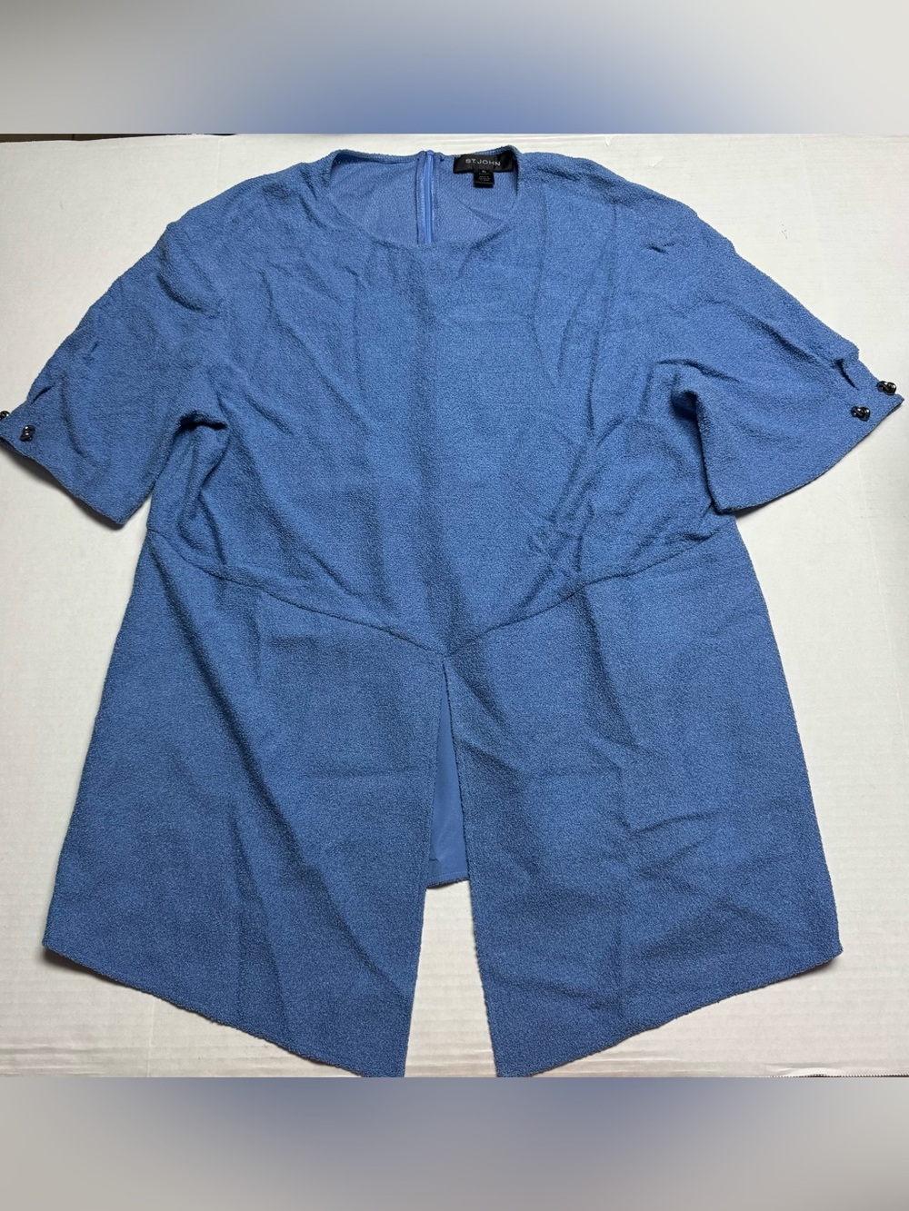 St. John Bulcle Boucle Split Front Hem Wool Blend Blouse In Blue Size: XL